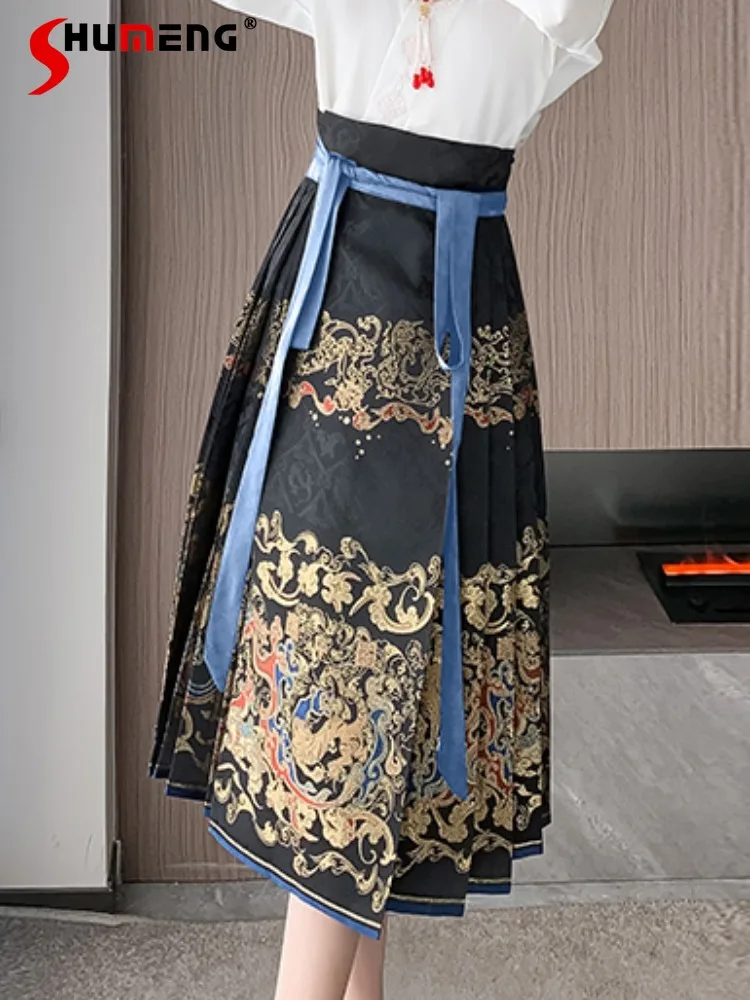 Jupe mi-longue visage de cheval de style chinois pour femmes, jupes courtes Hanfu modifiées, taille haute, automne et hiver, nouveau, 2023