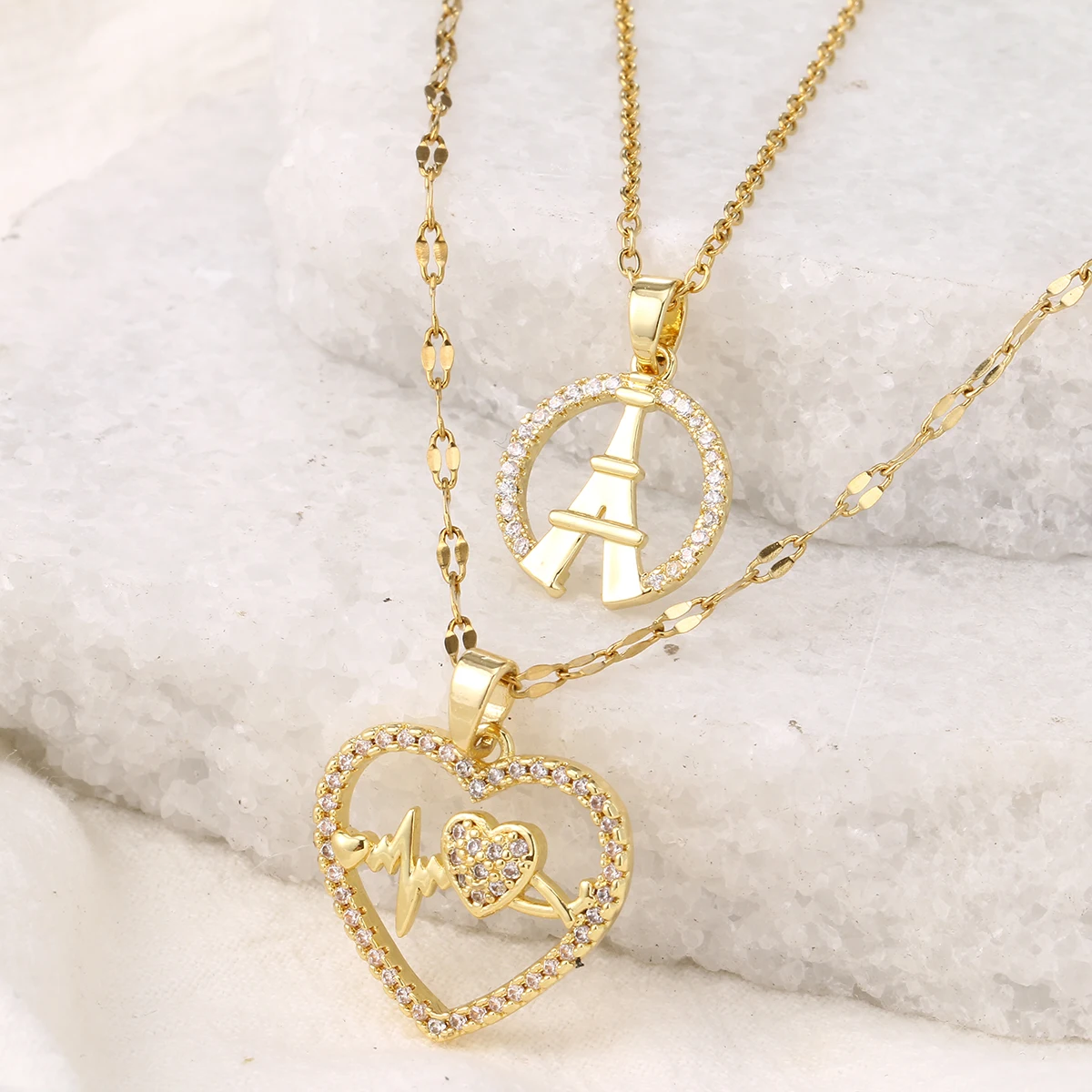 Women's Light Luxury Double Layered Necklace Set Heart-Shaped & Iron Tower Design Detachable Wearable Jewelry Gift