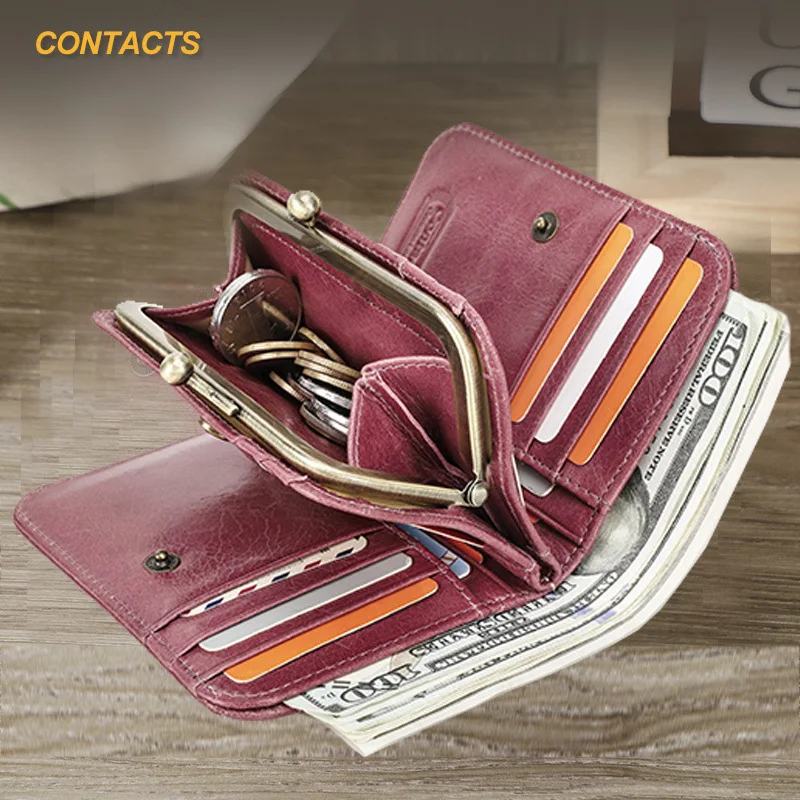 HTS-C2221 RFID Anti-theft Brush Three Fold Strap Iron Hinge Leather Women's Wallet Multifunctional Short Women's Wallet