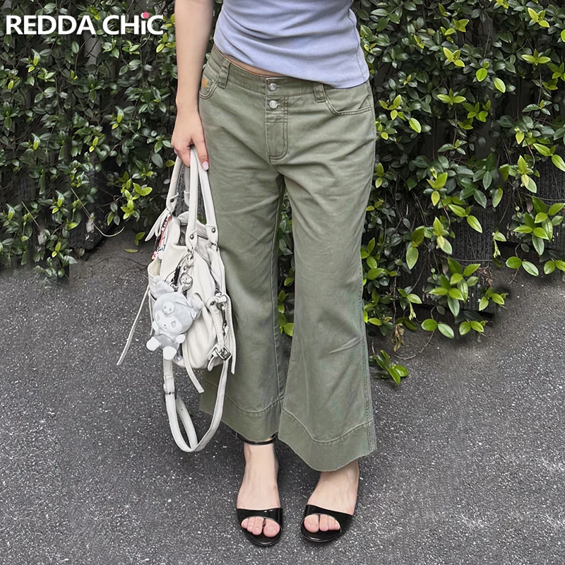 

ReddaChic Women Summer Cropped Denim Pants Solid Casual Cleanfit Double Buttons High Rise Baggy Flare Jeans Retro Y2k Streetwear
