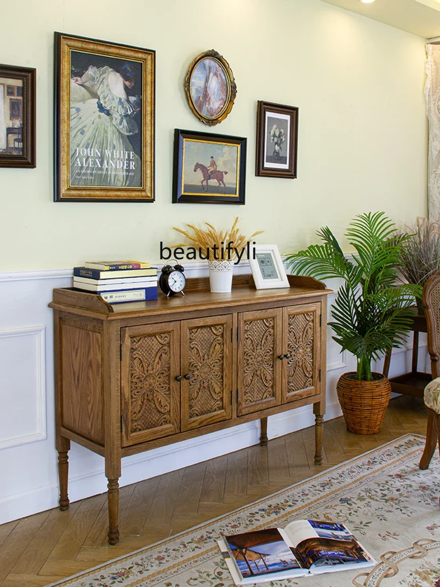 American Solid Wood Sideboard Retro Idyllic Carved Oak Hallway Antique Tea Locker