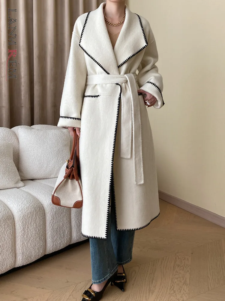 

[LANMREM] Thick Warm Contrast Color Cardigan Wool Coat Women's Belt Gathered Waist Office Lady Outwear 2024 Winter New 26C1284