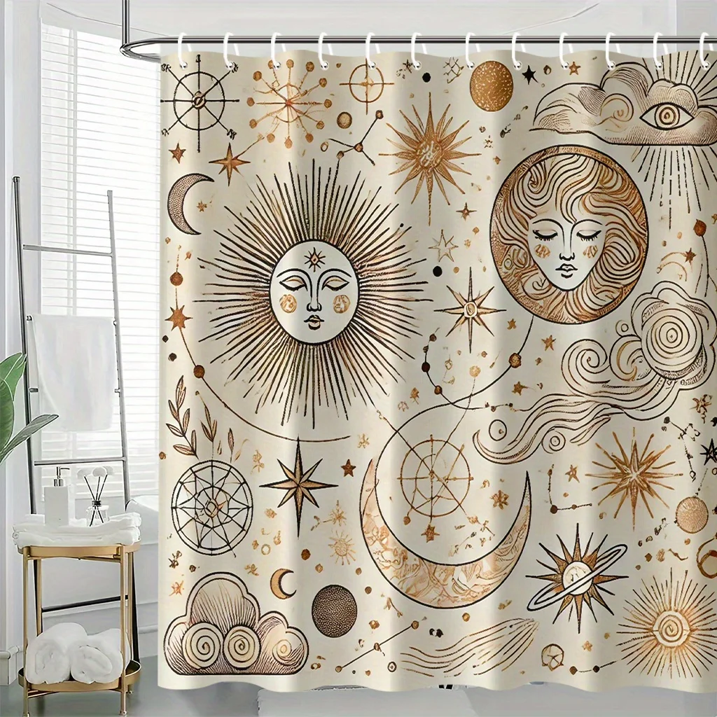 Celestial Sun Moon Shower Curtain, Boho Astrology Waterproof Bath Curtain, Vintage Bohemian Bathroom Decor Art