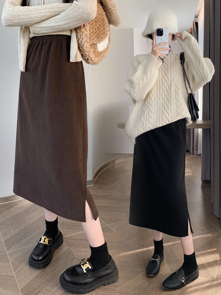High Waist Midi Skirt Women's Spring Autumn plus Size Pear Shaped Body Slimming Hip Covering One Step Split A-Line Skirt
