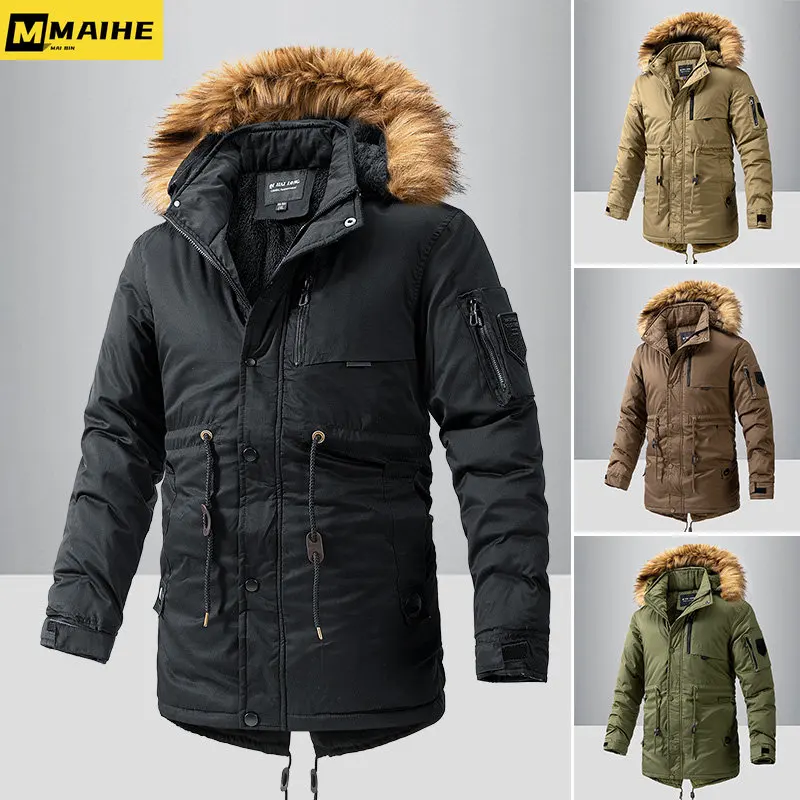 2023 Men\'s winter long parka windproof hooded thick warm fur collar coat new men\'s outdoor army green tactical cargo plush jacke