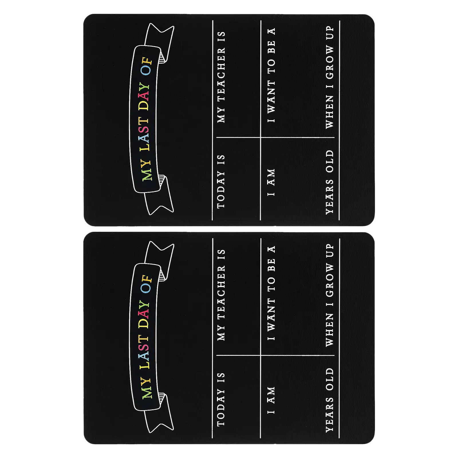 木製の学校用黒板サイン2枚セット。両面印刷可能。入学初日と最終日を記念するボード。幼稚園や保育園での写真撮影用小道具。