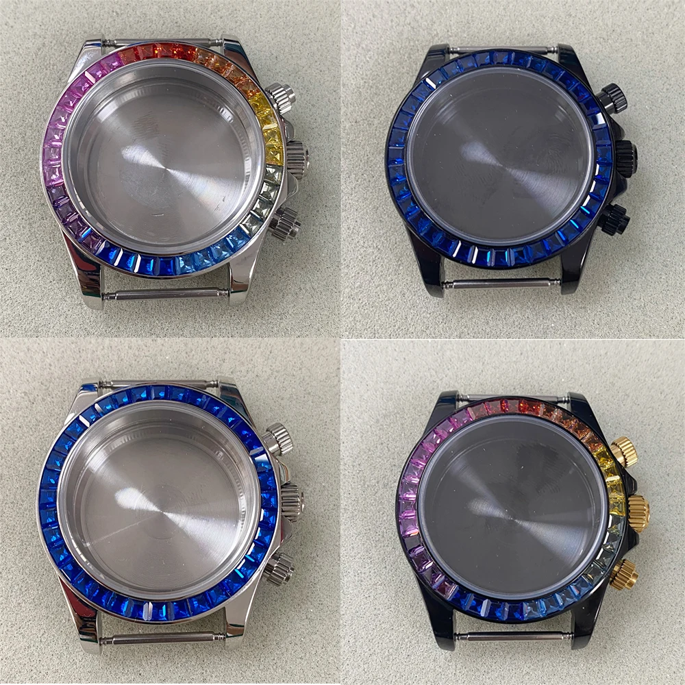 

Diamond Jewelry Watch Case For VK63 Movement Rainbow 316L Stainless Steel Crystal Bezel Sapphire Glass Shell for 29.5mm Dial