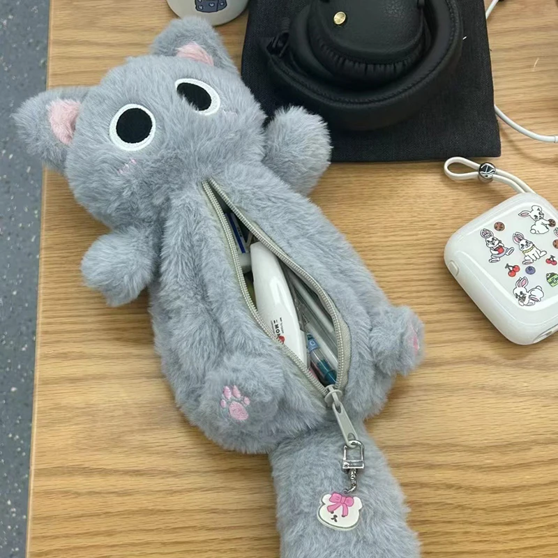 【B】Gray Plush Cat Pen Bag Cute Desktop Cartoon Stationery Storage Bag Pencil Pouch Pencil Case