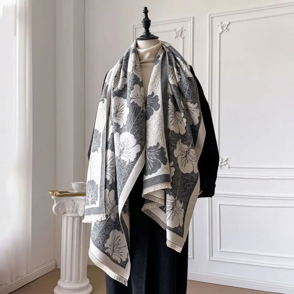 

Cozy Leaf Pattern Imitation Cashmere Scarf Warm Soft Fringe Shawl Windproof Coldproof Blanket Scarf for Winter Season