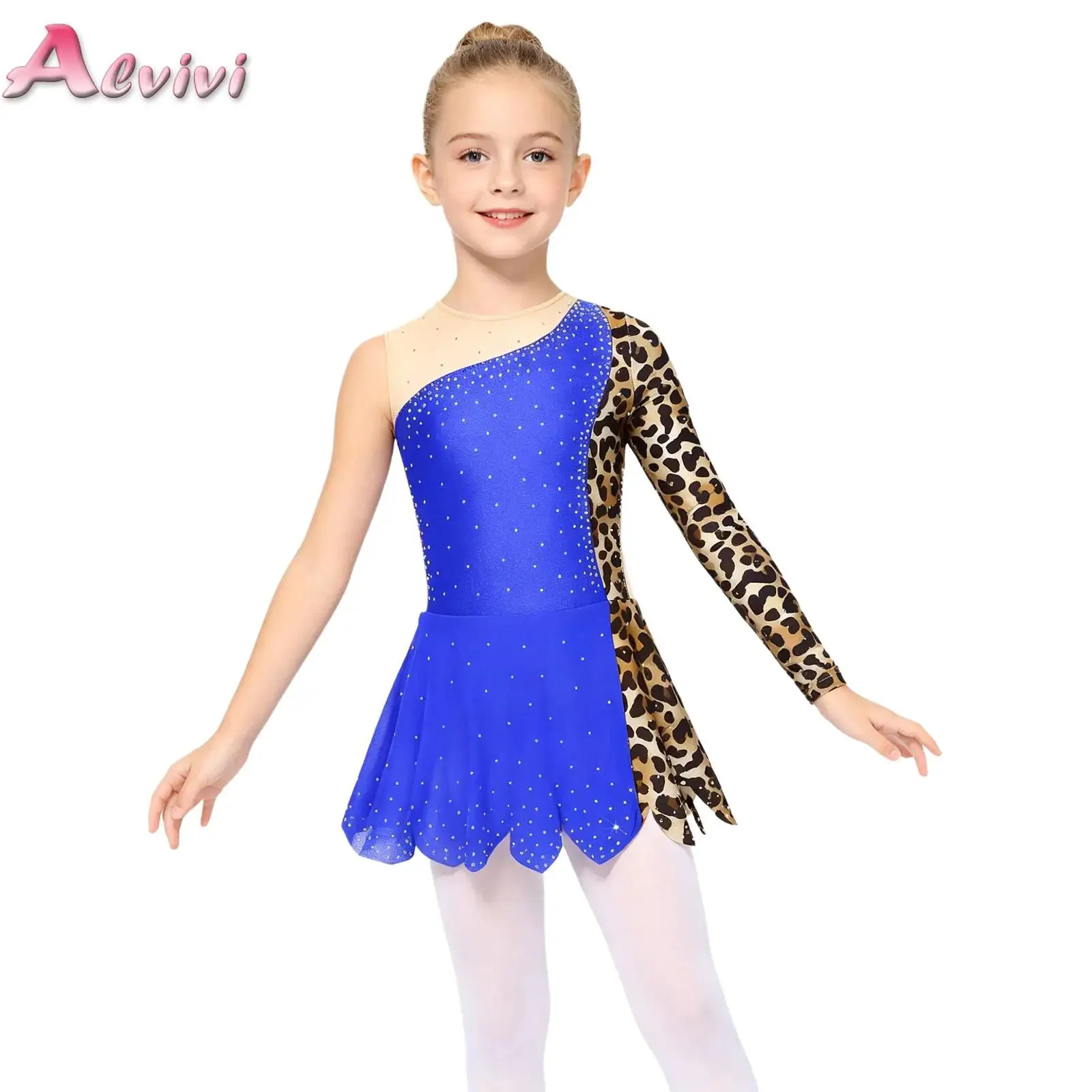 

Girls Rhythmic Gymnastics Leotards Sparkly Rhinestones Leopard Printed Asymmetric Sleeve Ballet Ruffle Skirted Bodysuit Dress
