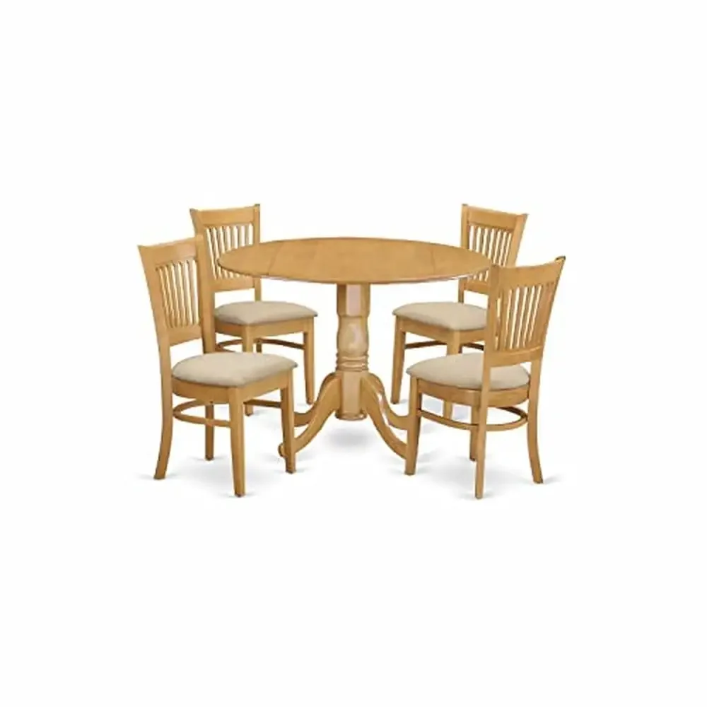 5-Piece Pedestal Dining Set with Round Table Dropleaf and 4 Linen Chairs Solid Wood Slatted Back Oak Color 42x42 Inch Asian Wood