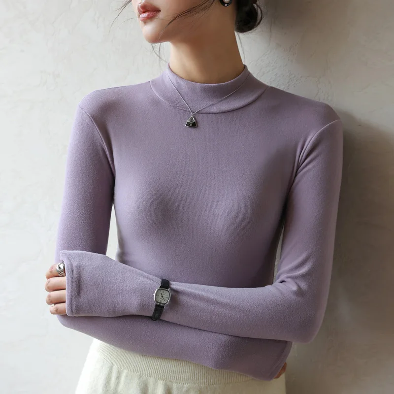 

Women's T-shirts Velvet Long Sleeve High Strecth Slim Fit Bottoming Shirts Casual Turtleneck Autumn Winter Warm Inner Knit Shirt