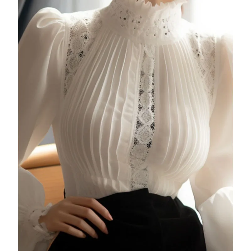 2024 Spring Summer New Style Chic Pullover Shirt Women\'s Fashion Slim White Puff Sleeve Collar Banquet Shirt Tops