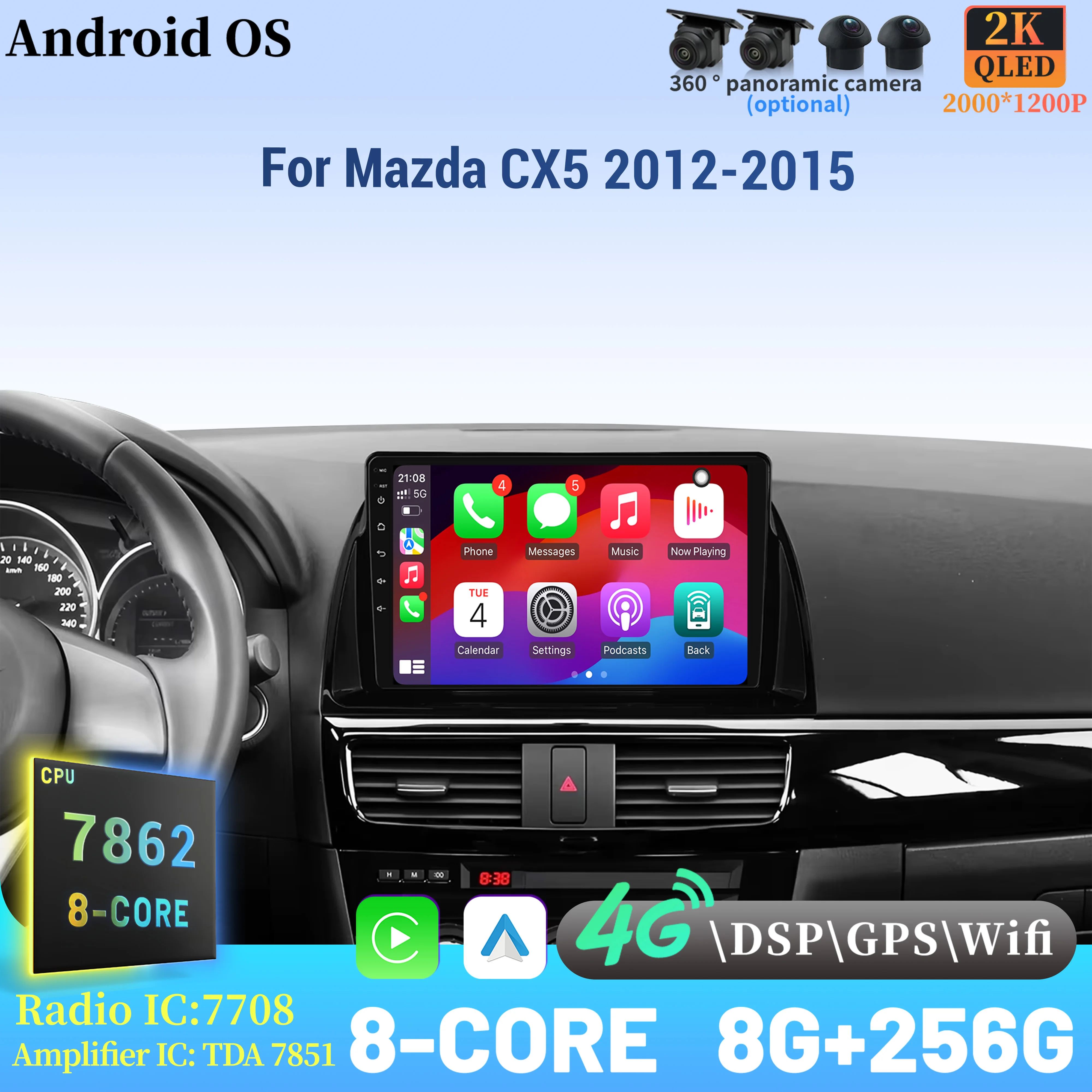 

Car Radio Android 14 For Mazda CX5 2012-2015 Navigation Multimedia Wireless BT Carplay Touch 2K QLED Screen