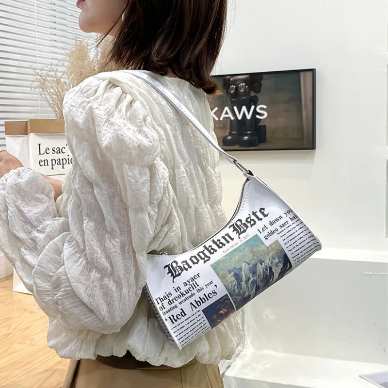 Fashion Women Newspaper Letter Printing PU Leather Shoulder Underarm Bag Casual Ladies Small Purse Buckle Handbag Messenger Bags