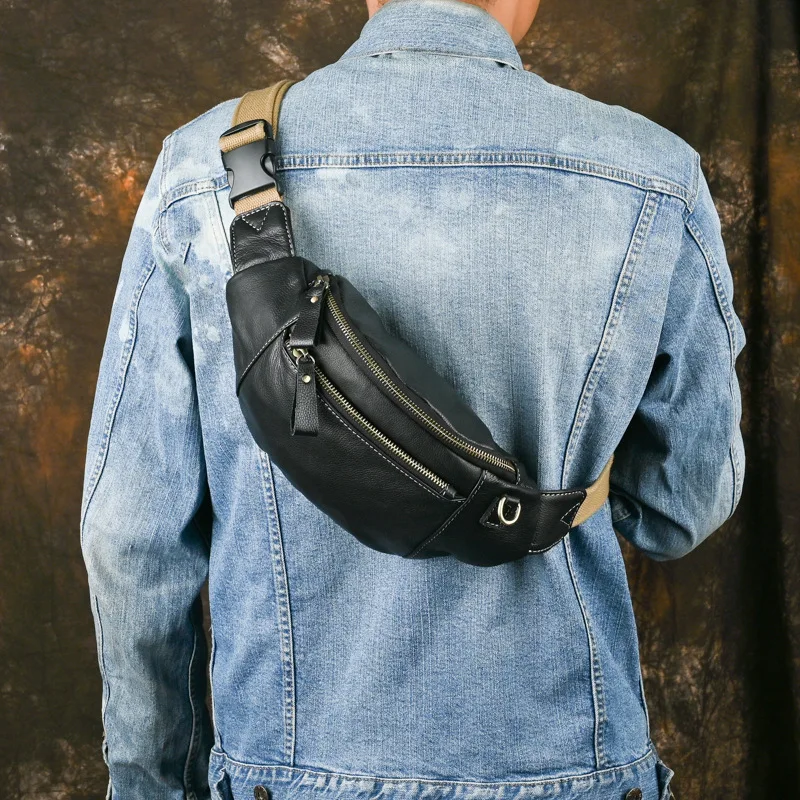 

Men Genuine Leather Chest Bag Casual Waist Pack Crossbody Bags Shoulder Belt Bag Black Cowhide Leather Zipper Phone Pouch