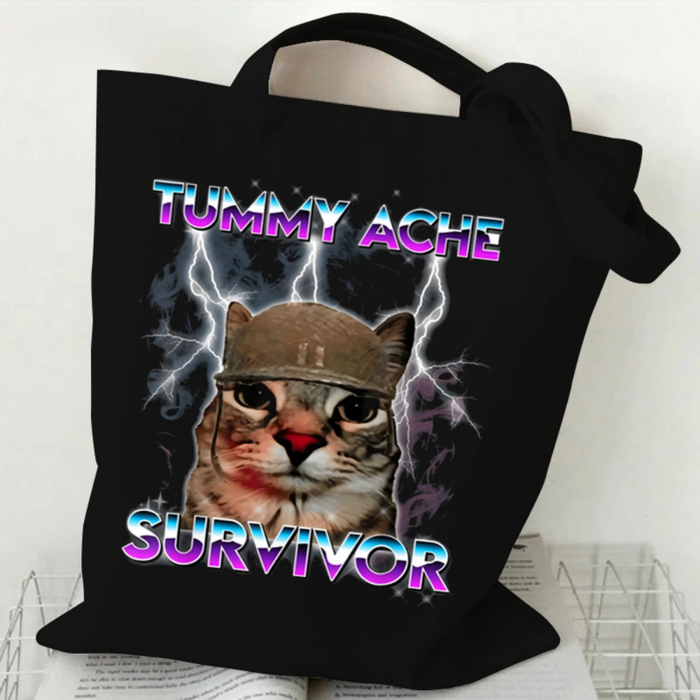Funny Tummy Ache Survivor Cat Meme Canvas Tote Bag, Retro 90s Lightning Print Reusable Shoulder Bag Handbag Daily Use & Gift