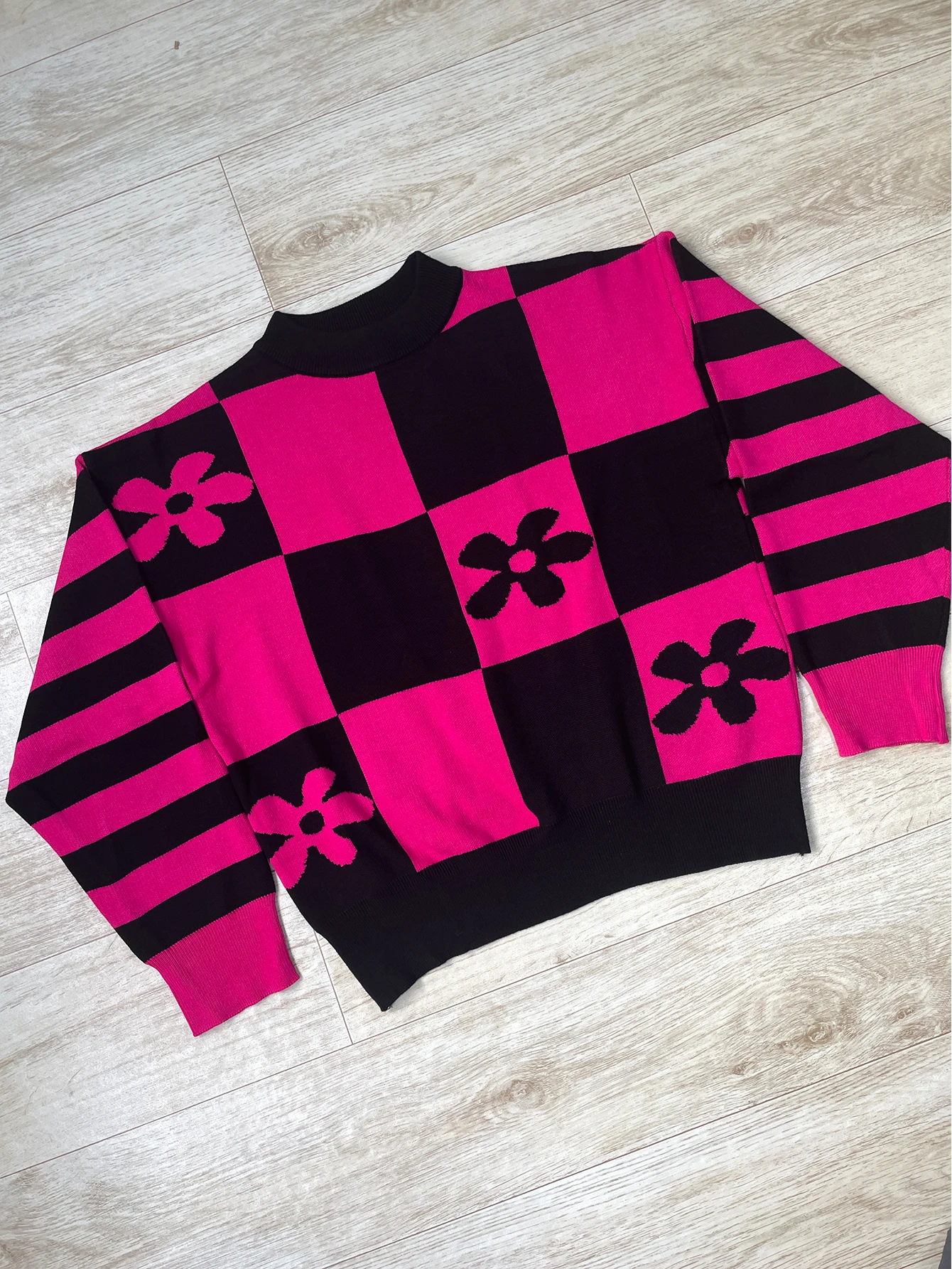 2025 Nieuwe Populaire Vintage Bloem Check Print Trui Splice Kleur Mode Harajuku Ronde Hals Hoge Kwaliteit Trui Y2k Voor Vrouwen