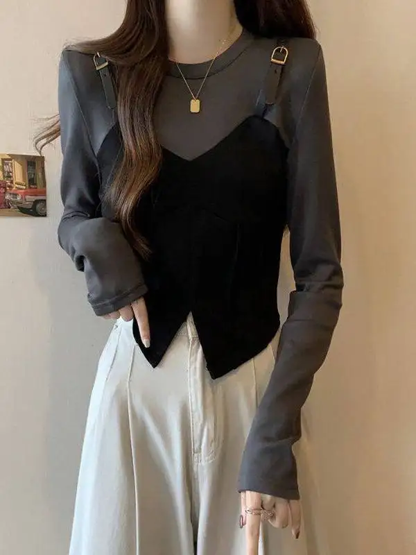 

plus Size Women's Long Sleeve Short T-shirt Patchwork Belly Covering Slimming Design Spring Autumn Korean Style Breathable Po...