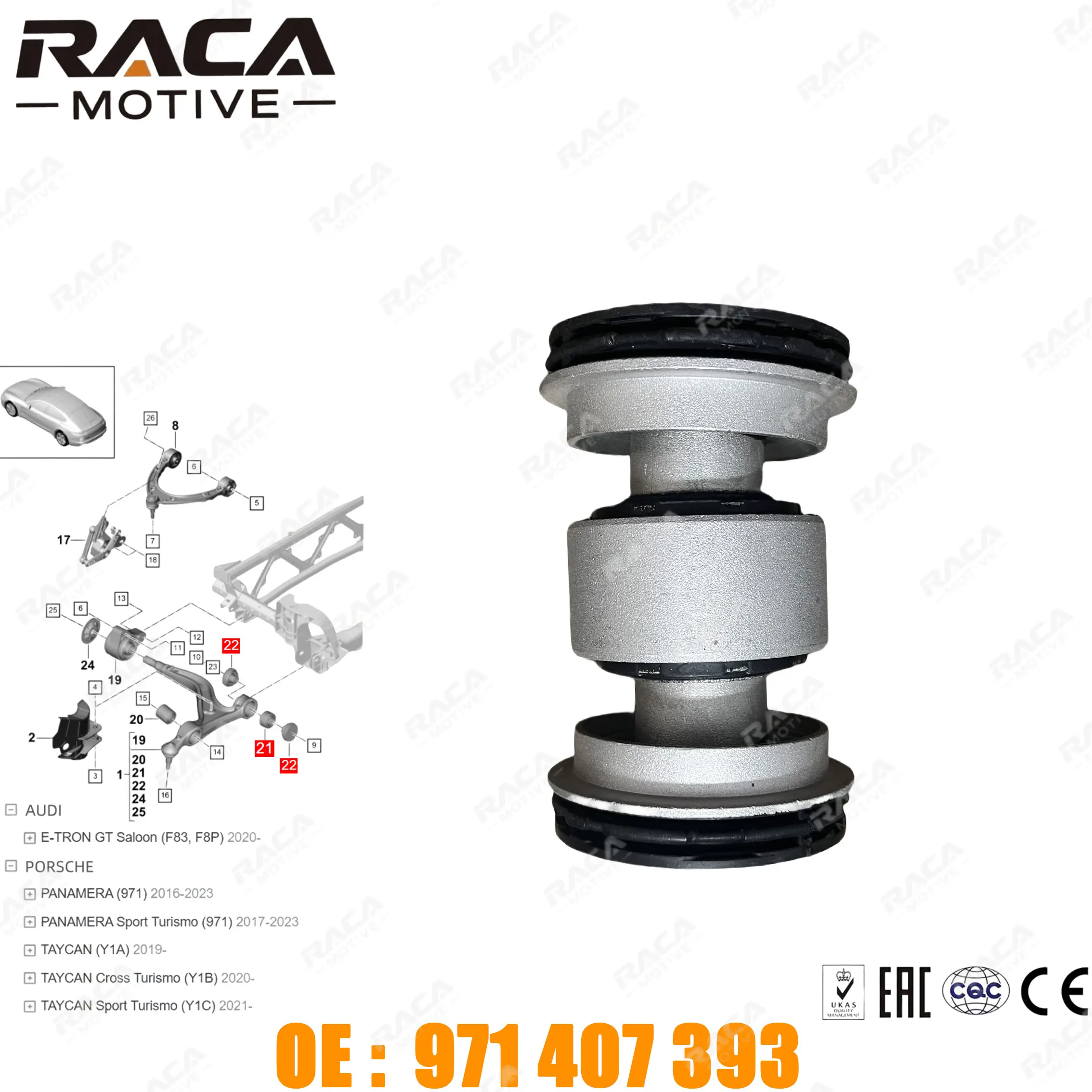 Front Axle Control Arm/Trail Arm Bushing Suitable for Porsche Panamera (971) Taycan (Y1A/Y1B/Y1C) Audi E-Tron Gt Saloon (F83, F8P) 971407393 971407151T/R/P