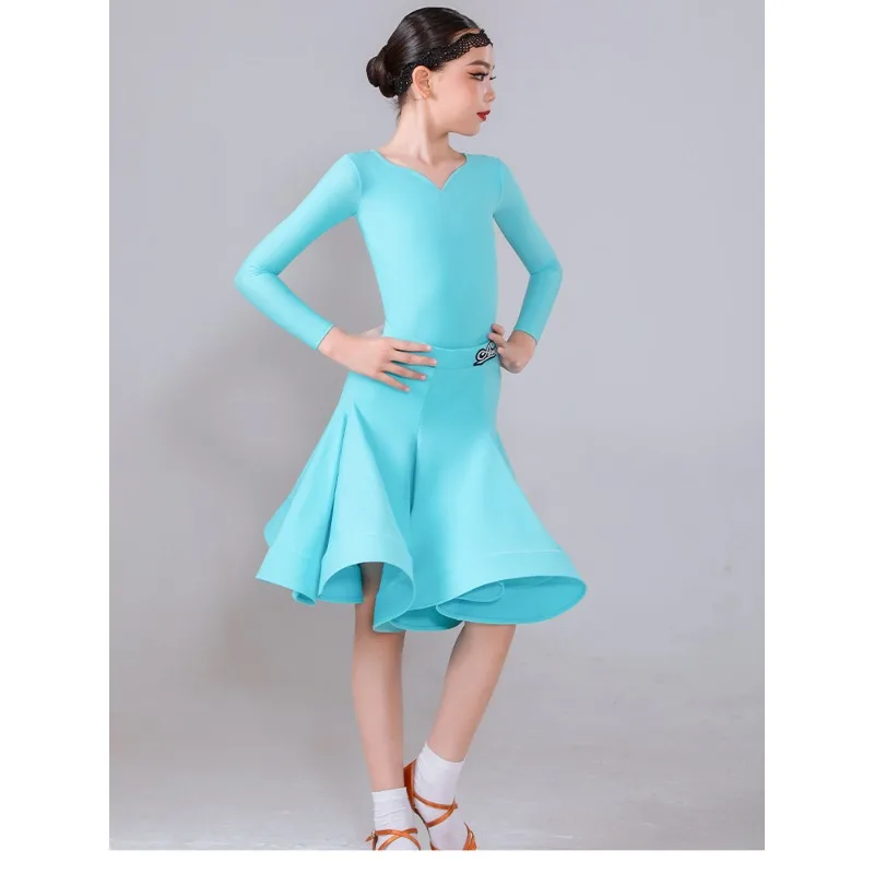 Robe de danse latine personnalisée, tenue de pratique quotidienne pour filles, Costumes de compétition de spectacle pour enfants, haut et jupe à manches longues