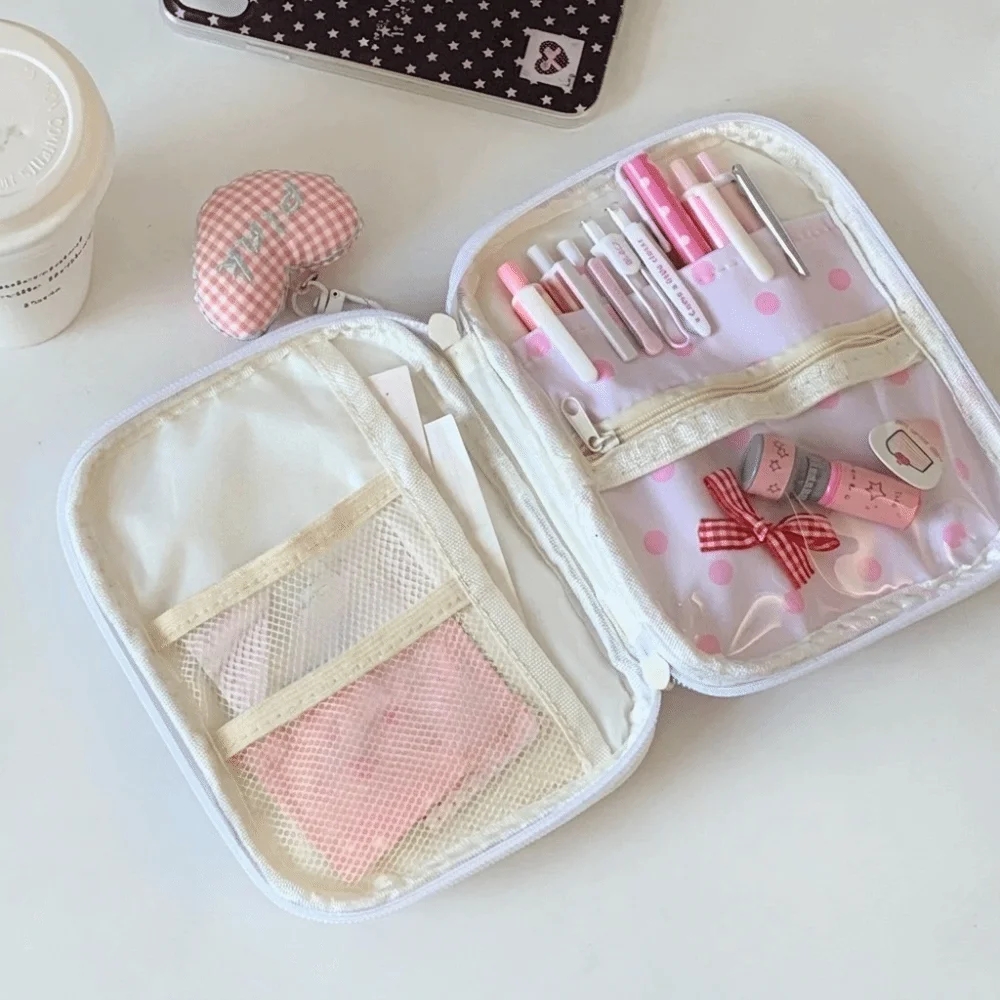 Multi-Layer Polka Dot Pencil Case Portable Lightweight Cosmetic Bag Transparent Window Large Capacity Makeup Bag Daily Use