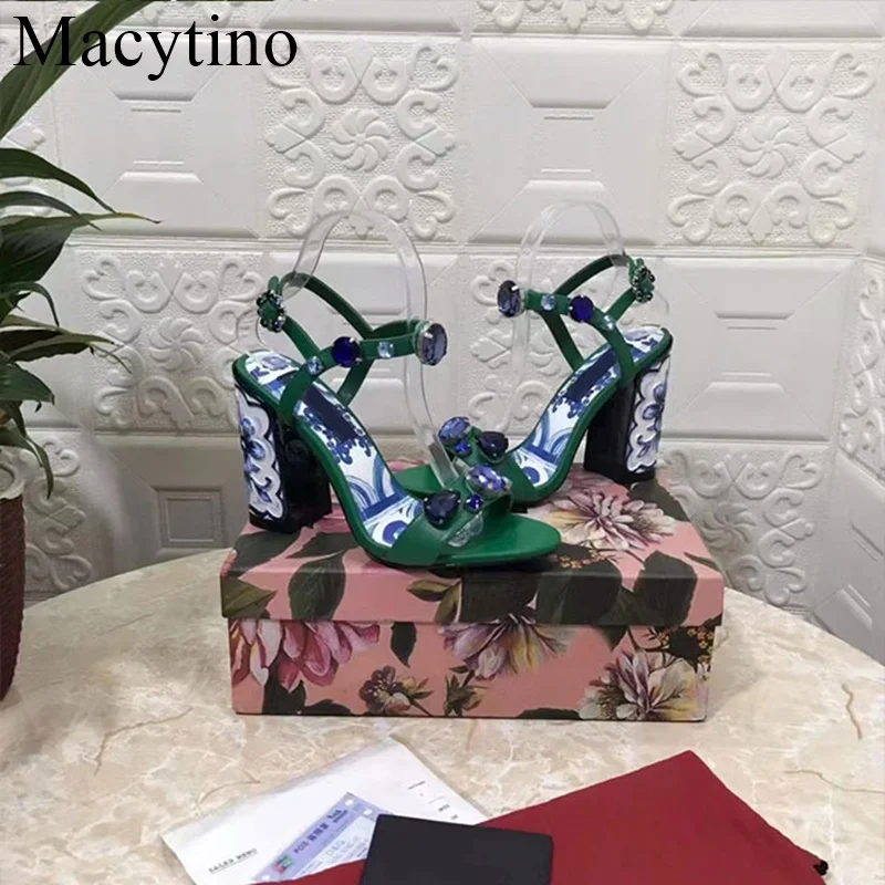 2024 New Brand Women Sandals Summer Shoes Blue And White Porcelain Print Sandals Rhinestones  Pumps Red Black Green