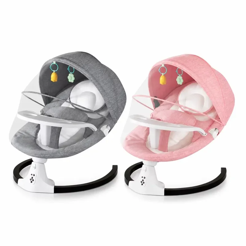 Electric baby rocking chair with mosquito net and dinner plate, made of plastic and metal, suitable for bedrooms and