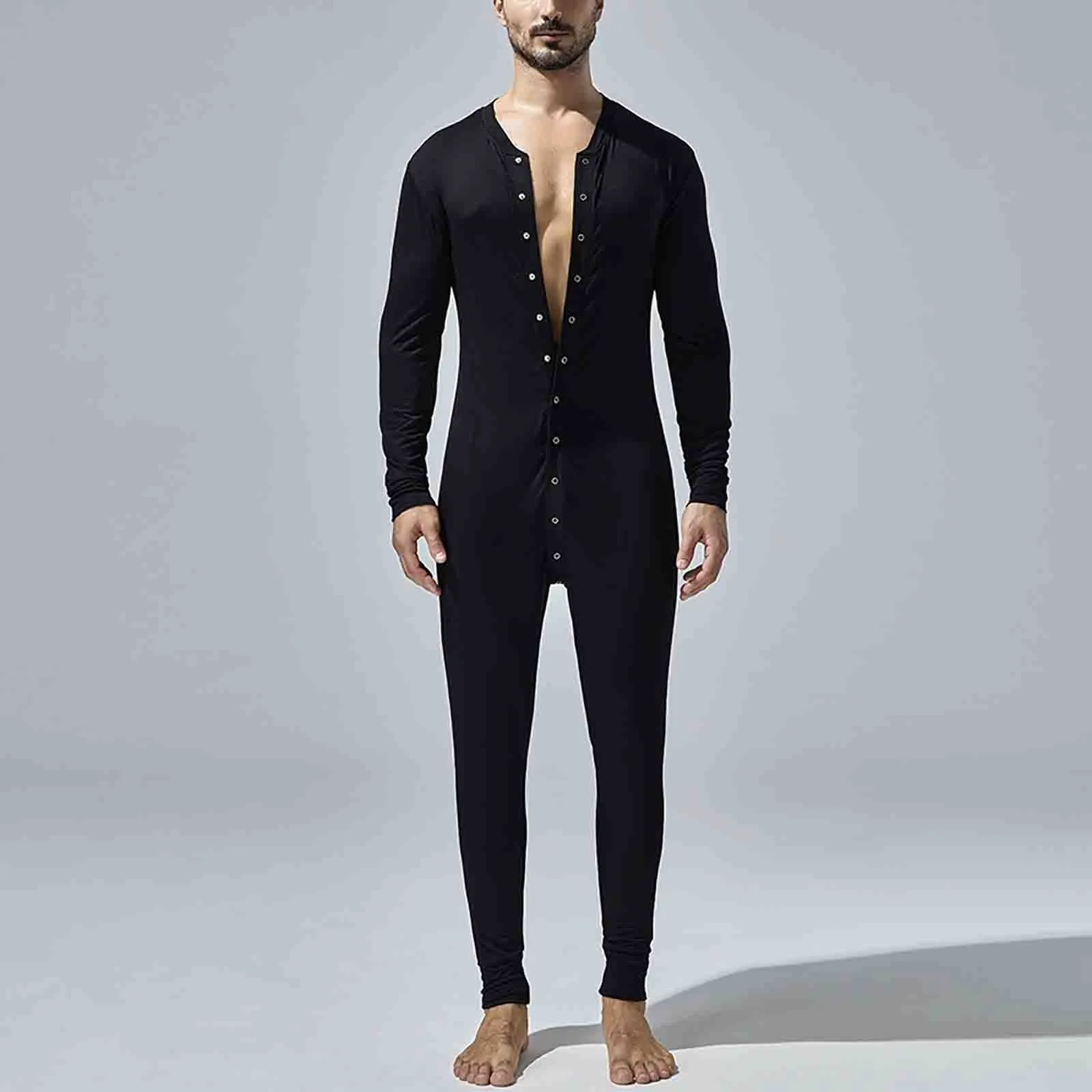 Single Breasted Men Onesie Spring Autumn Tight Jumpsuit Pajamas Long Sleeve Solid Color Button Slim Fit Bodysuit Nightwear