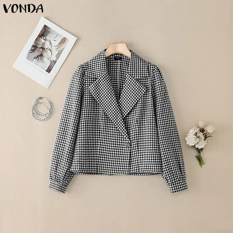 VONDA Elegante Büro Dame Mode Shirts Frauen Langarm Plaid Bluse Herbst Beiläufige Lose Vintage Print Blusas Tops Femininas
