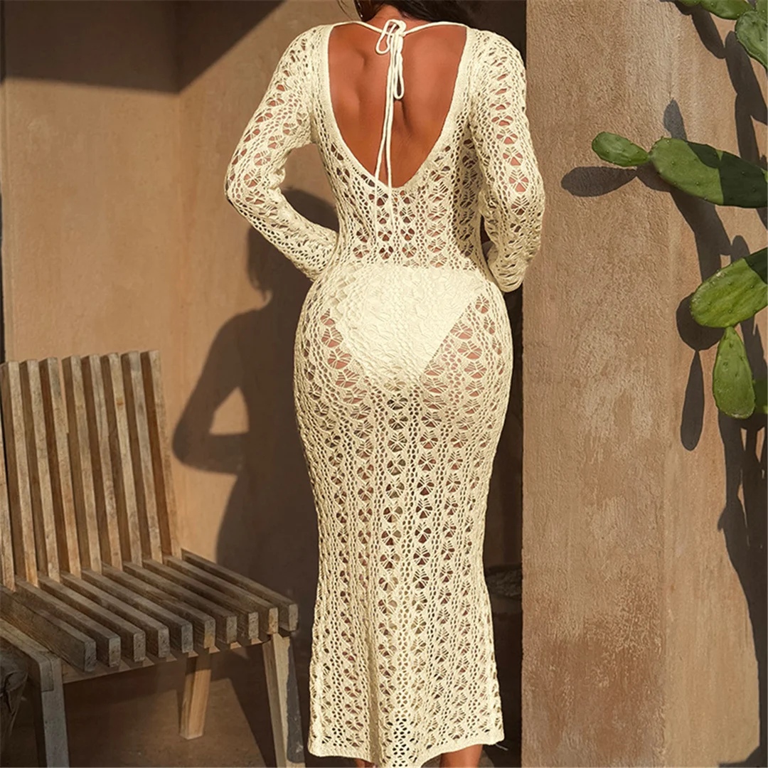 2026 Langarm-Strick-Tunika mit Ausschnitten am Rücken, rückenfreies Strandkleid, Strandmode, Strandbekleidung, Strand-Cover-up, Damen V6551 – Detail 15