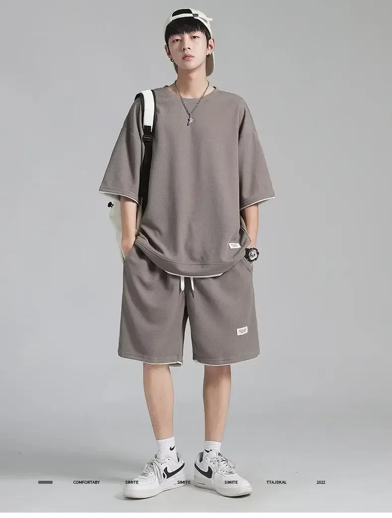 2024 Men\'s new Waffle Summer Suit Casual T-shirt + Shorts Suit Men\'s Tracksuit Solid color tracksuit loose suit