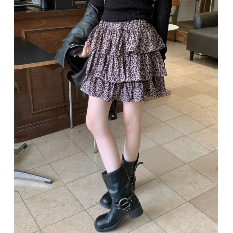 

Юбка-торт с леопардовым принтом и высокой талией, женская модная корейская юбка на осень-зиму, новая шикарная крутая юбка в стиле ретро с сенсацией f