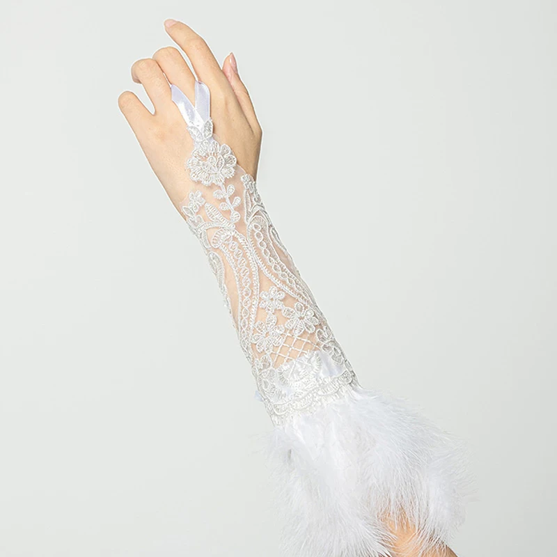 Guantes largos sin dedos de plumas de encaje para mujer, pulsera de malla gótica, puños de boda, accesorios de fiesta de Halloween