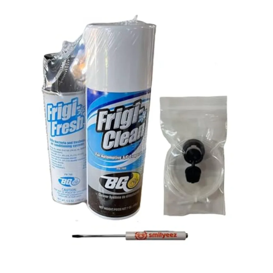

AC evaporator cleaning kit for automotive use aluminum nozzle blue includes Frigi-Clean aerosol Frigi-Fresh deodorizer and pock