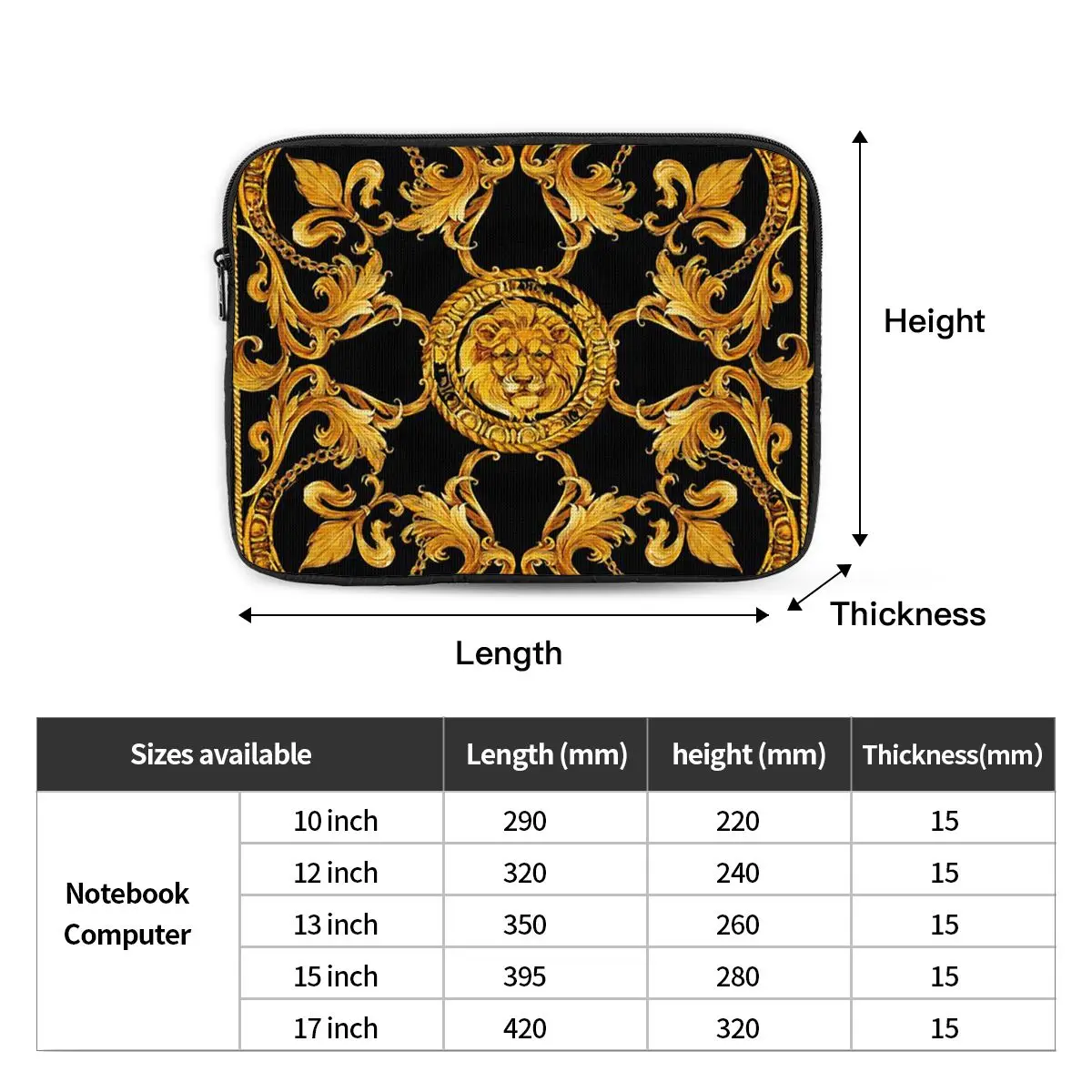 Golden Lion Baroque Pattern Notebook Laptop Bag Case Pouch 10 12 13 15 17 Inch Notebook  Tablet Shockproof Case Bag
