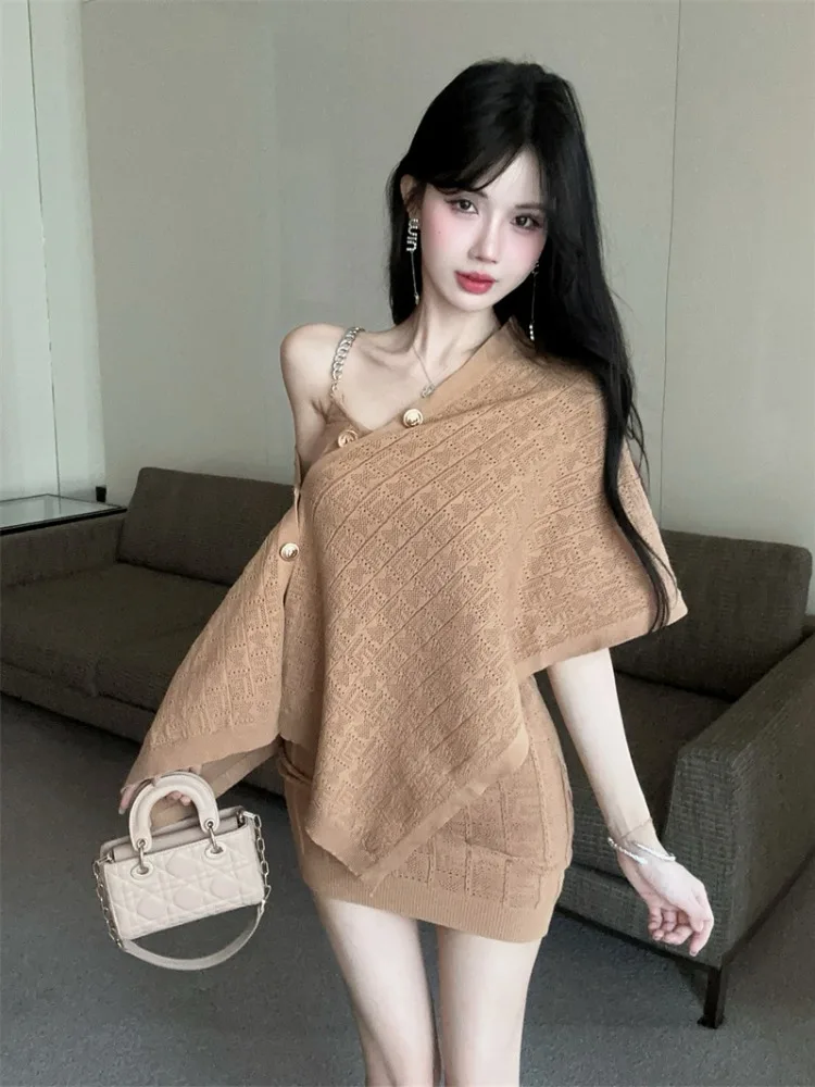 

Elegant High Waist Shoulder Bared Cowl Neck Sweater Dress Two Piece Set Fashionable Korean Style Batwing Sleeve V Neck Dress