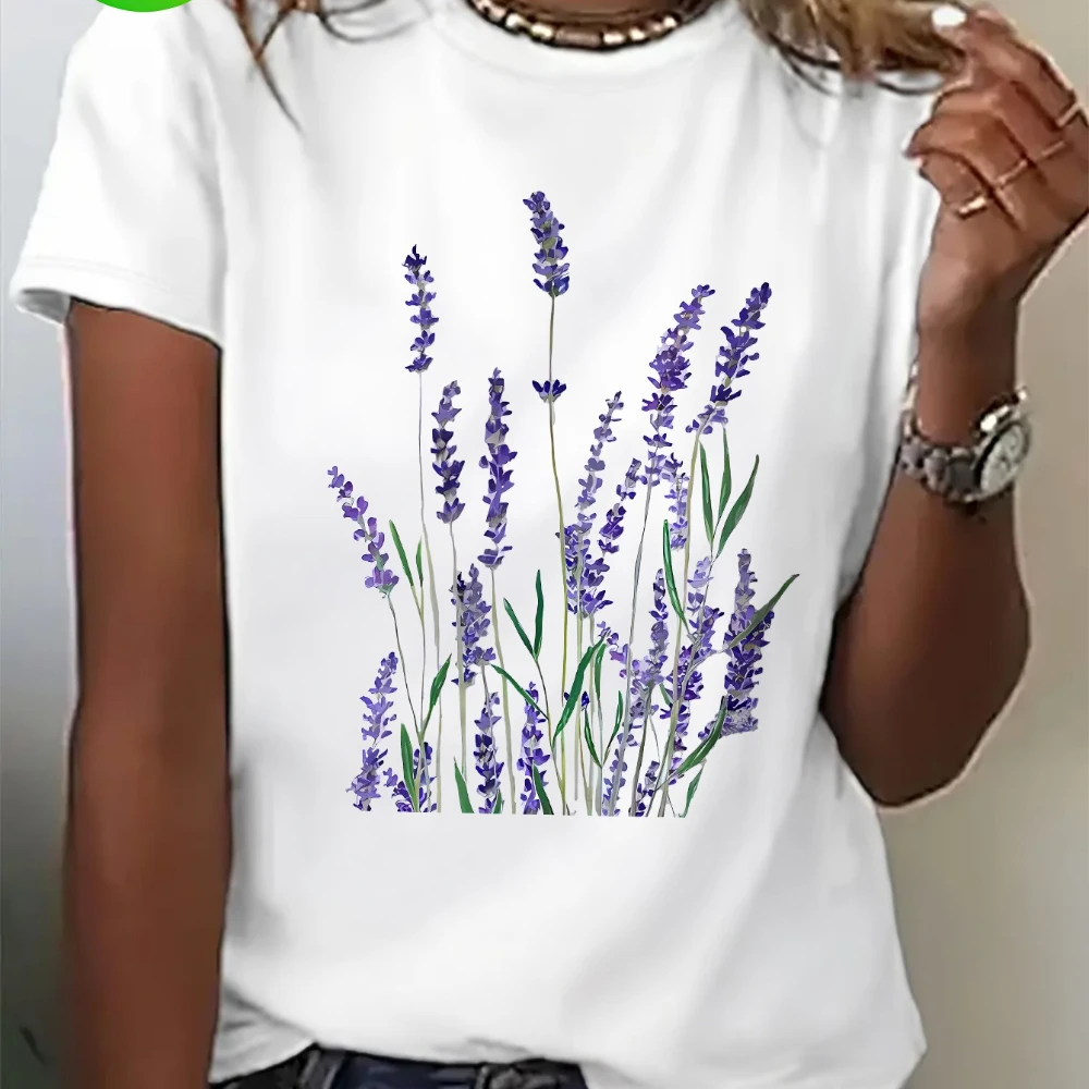 

Women's Lavender Print Short Sleeve T-Shirt Casual Top with Cartoon Floral Design Machine Washable Spring Summer Fall Tee
