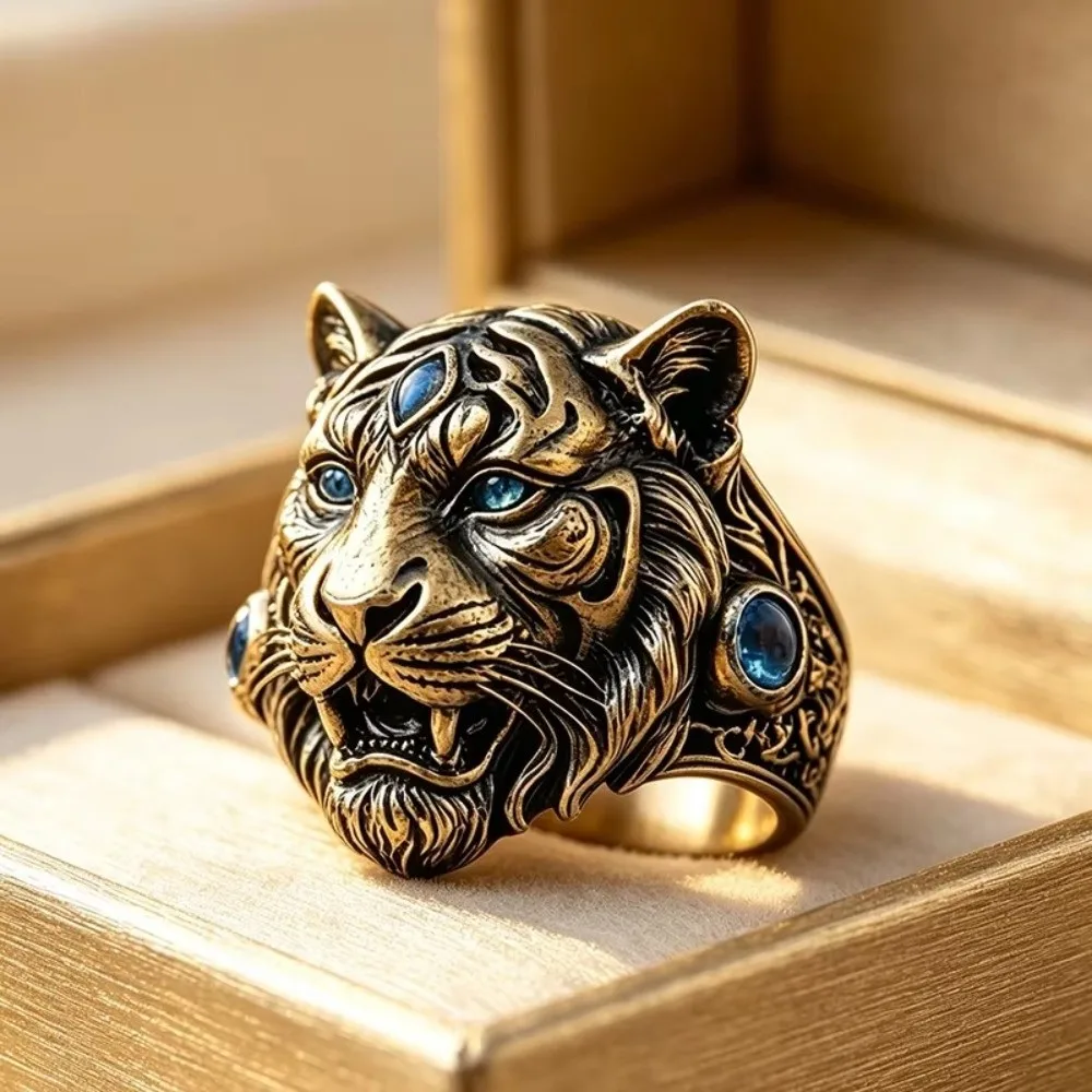 Environmentally Friendly Men's Ring Zinc Alloy Retro Style Tiger Head Ring Gothic Style Domineering Design Tiger Animal Ring