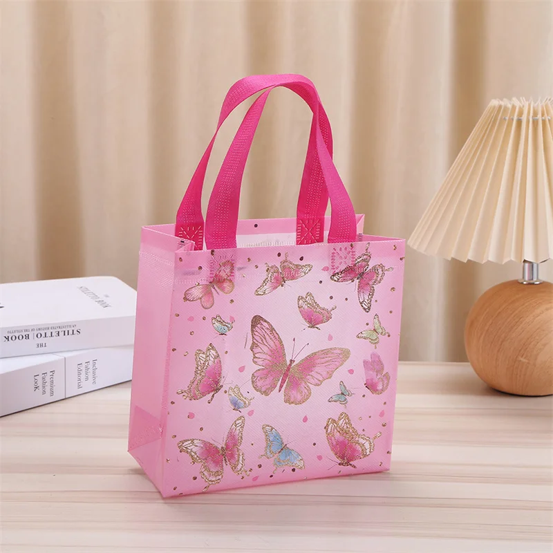 StoBag 24pcs Wholesale Cartoon Butterfly Non-woven Tote Bags Fabric Gift Package Kids Storage Reusable Pouch Birthday Party