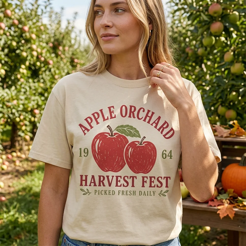 Women T Shirt Apple Orchard Harvest Fest Graphic Print Summer Short Sleeve Casual Crewneck Harajuku Fashion Loose Top Clothes