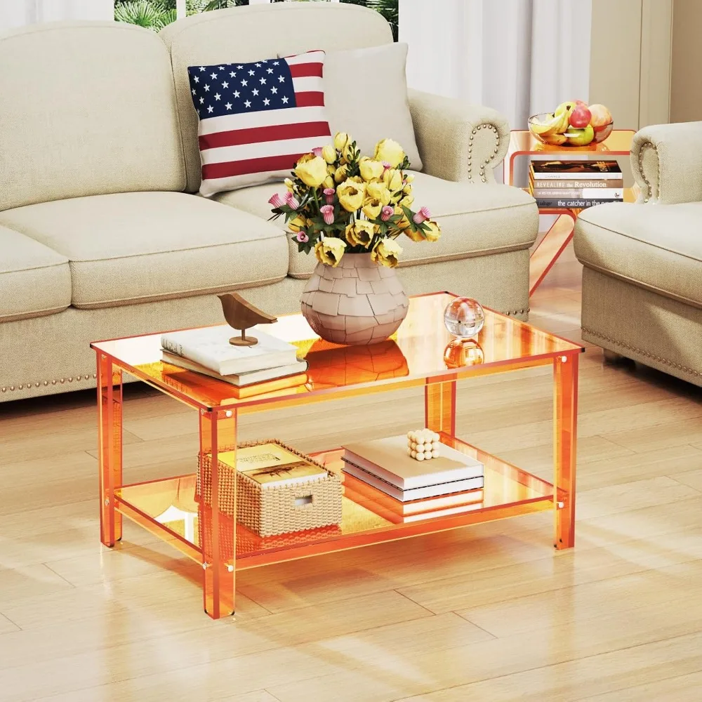 Rectangular Orange Acrylic Coffee Table with Storage Shelf for Living Room, Ideal for Small Spaces