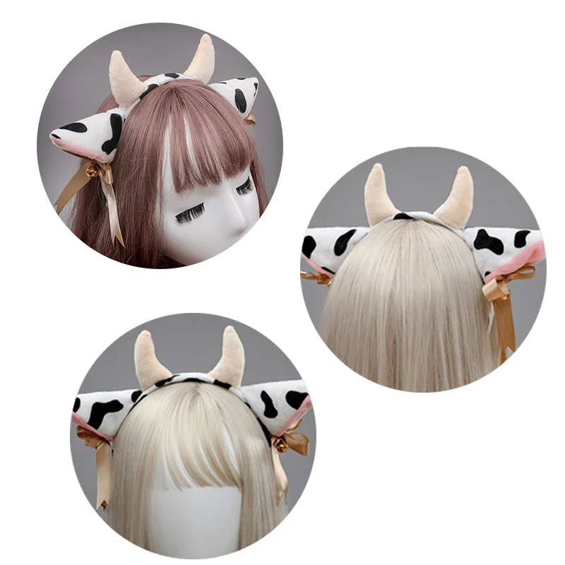 Cartoon Plush Cow Ears Horn Headband with Small Bells Ribbon Bow Anime Lolita Hair Hoop Kawaii Animal Party Cosplay Costume Girl