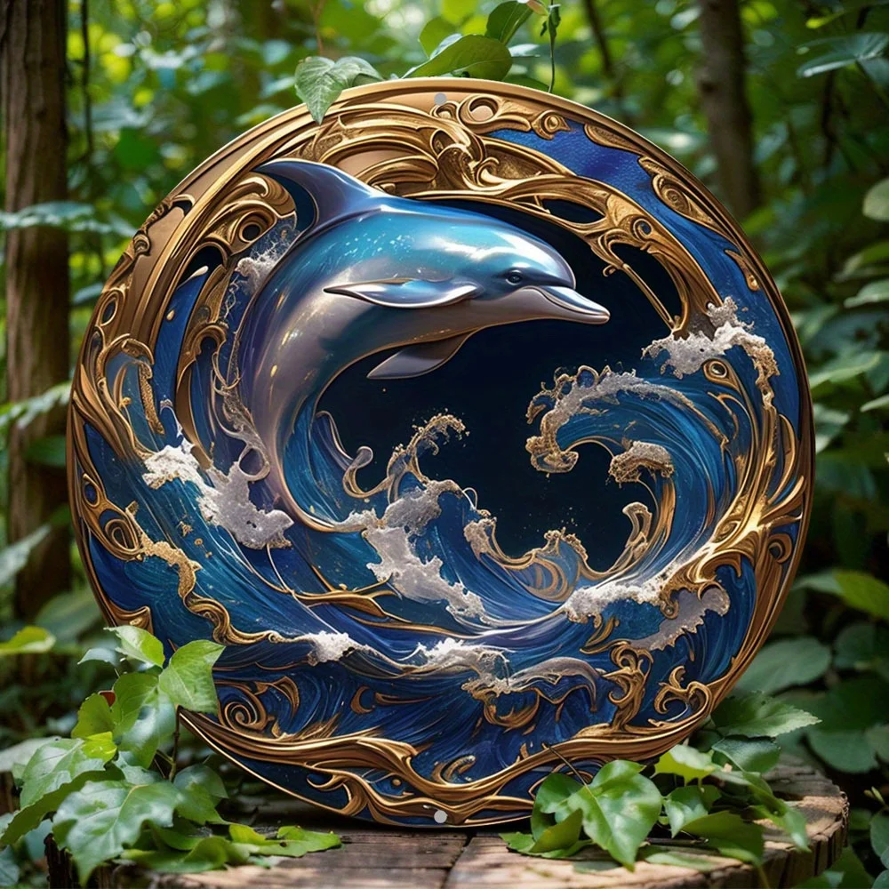 

Classic Dolphin Themed Round Metal Wreath Sign, Aluminum Decor for Home, Cafe, Apartment, Ideal Wall Decoration and Holiday Gift