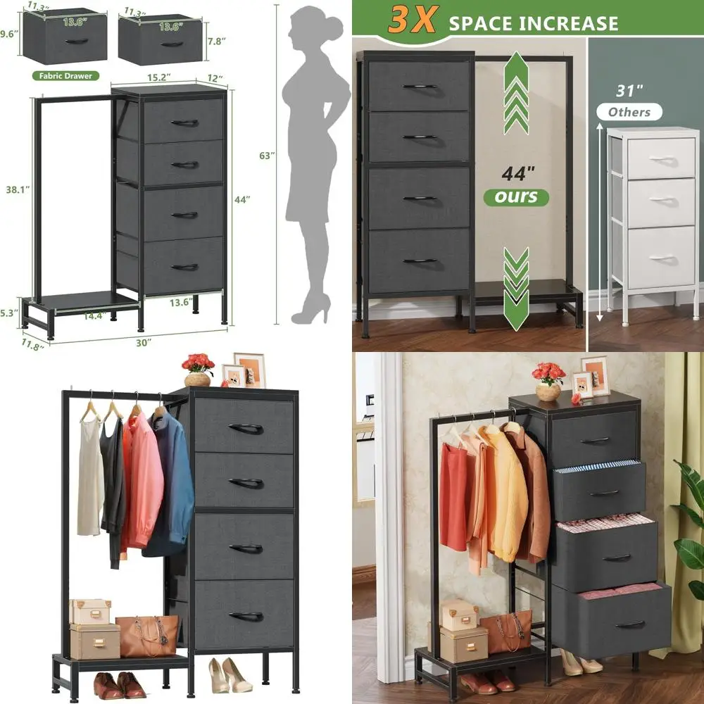 

Компактная подвесная полка для хранения вещей для детского комода с 4 ящиками и вешалкой для одежды, серая, высота 44 дюйма