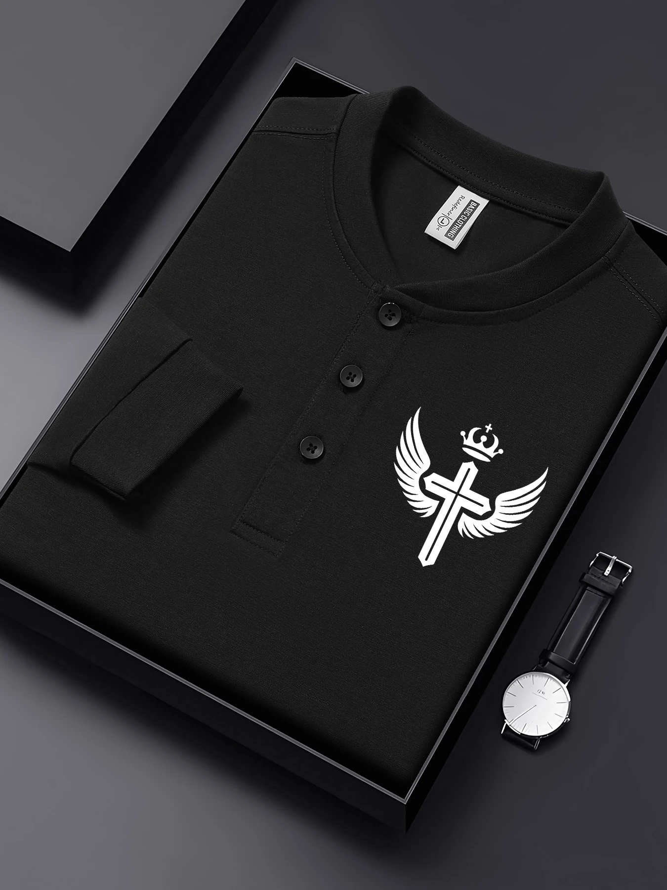 

Cross Wing And Crown Simple Prints Men Henley T Shirt Cotton Henry Neck Basic Shirts Autumn Clothing All-Match Man Sportswear