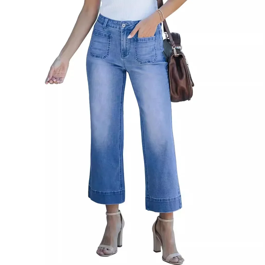 Denim Wide Leg Pants Women Jeans High Waist Washed Distressed Pockets 2025 Streetwear Vintage Straight Ankle Length Trousers
