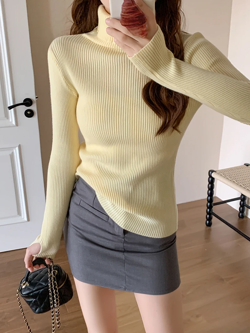 FIGOHR Korean High Collar Wearing Finger Stacked Collar Solid Color Temperament Knitted Bottom Shirt Multi Color Interior