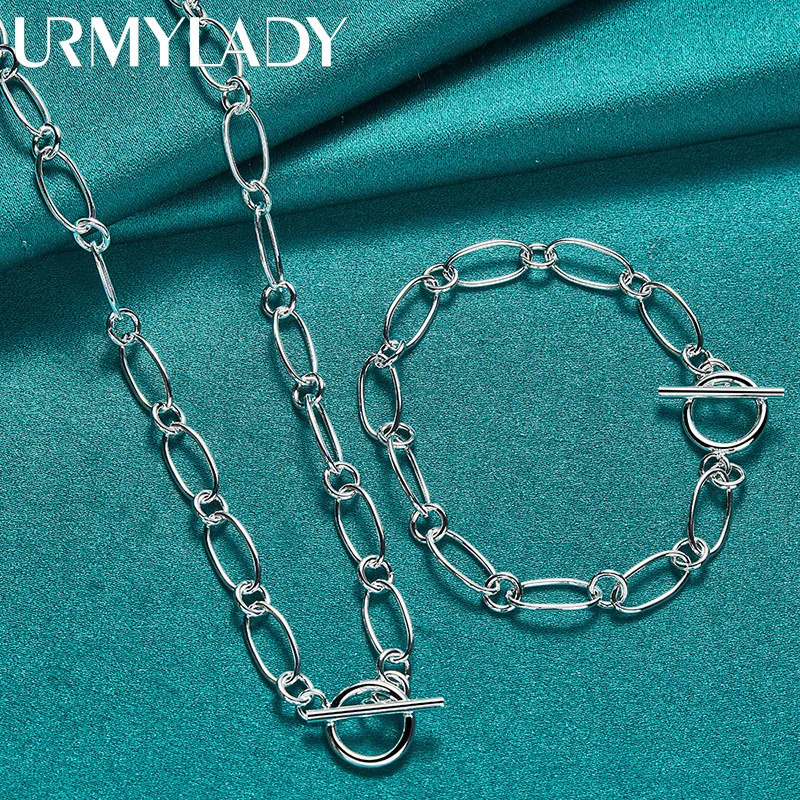 

URMYLADY 925 Sterling Silver Lotus Root Chain Bracelet Necklace Jewelry Set For Women Men Wedding Party Fashion Charm Gift