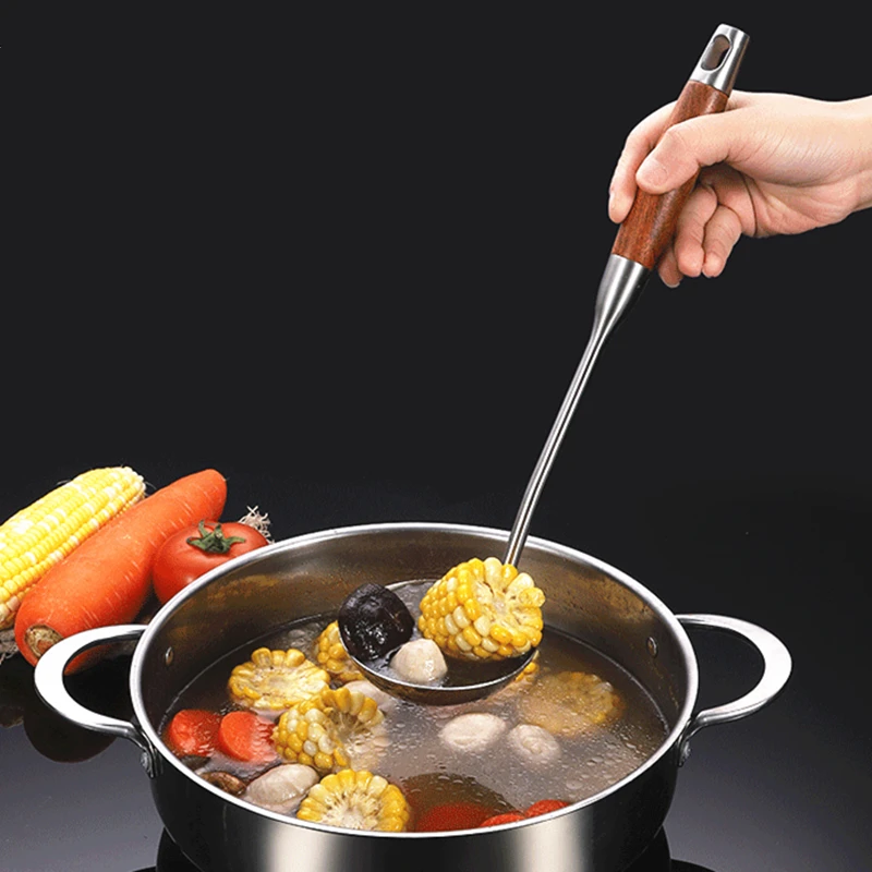 Espátula de aço inoxidável engrossado punho de madeira sopa cozinhar frigideira pá anti-calda coador integrado utensílios de cozinha